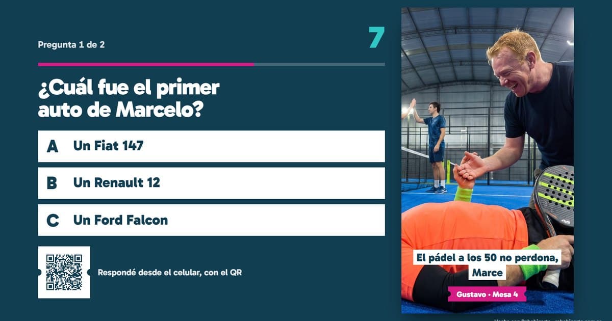 La pantalla del salón con la trivia de Los 50 de Marcelo