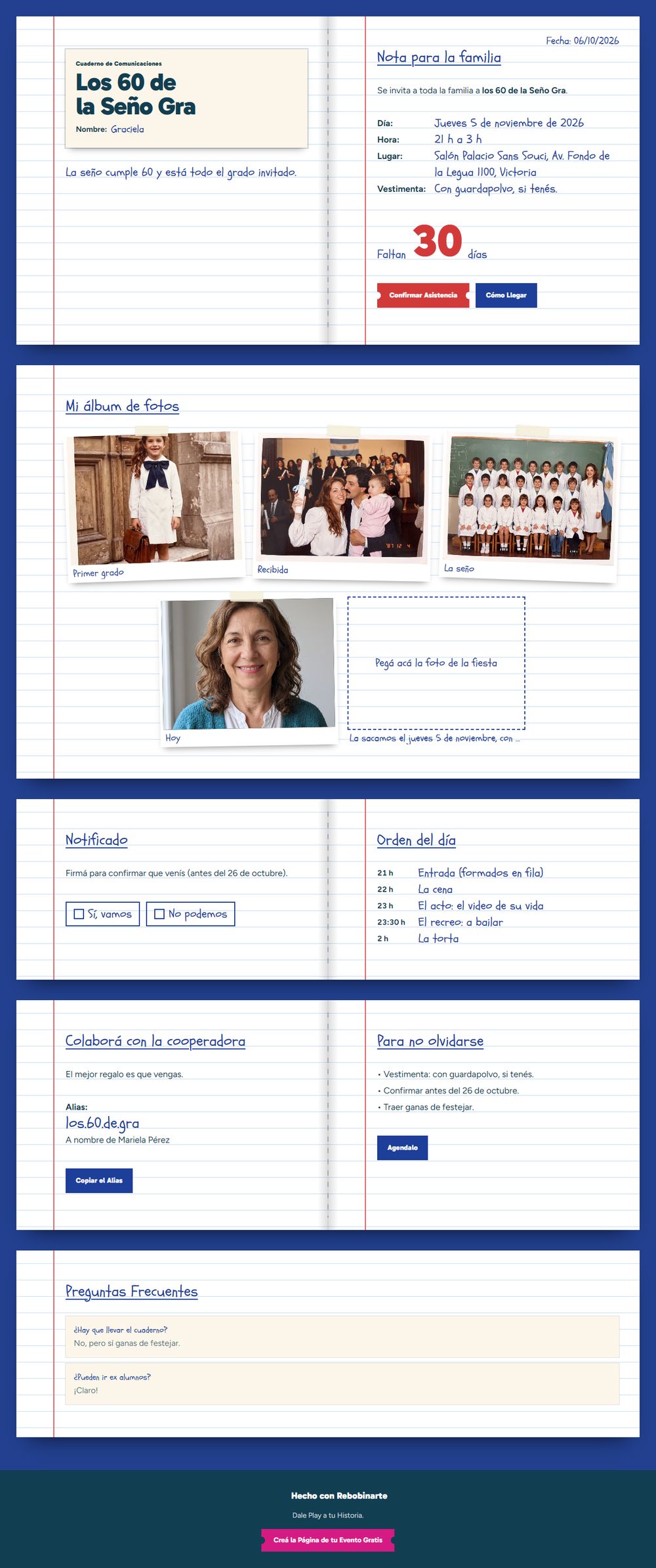 La invitación digital estilo cuaderno escolar, vista en una computadora