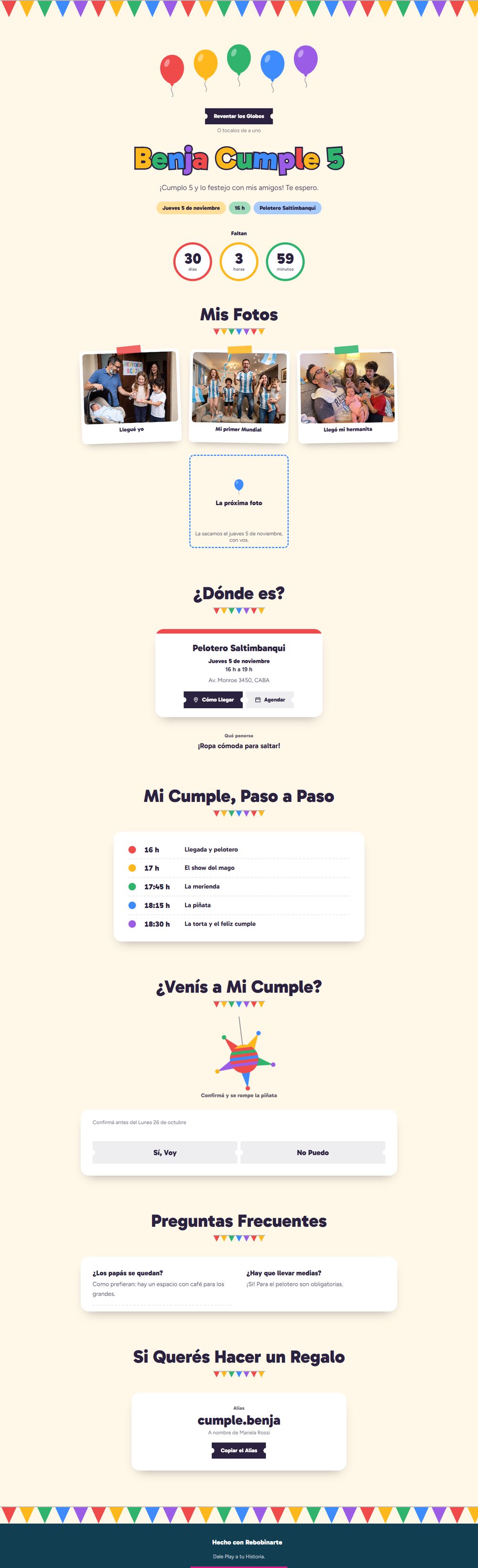 La invitación digital de cumpleaños infantil, vista en una computadora