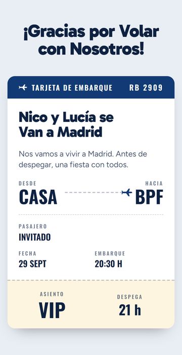 Después: la invitación digital con tarjeta de embarque, estilo Embarque