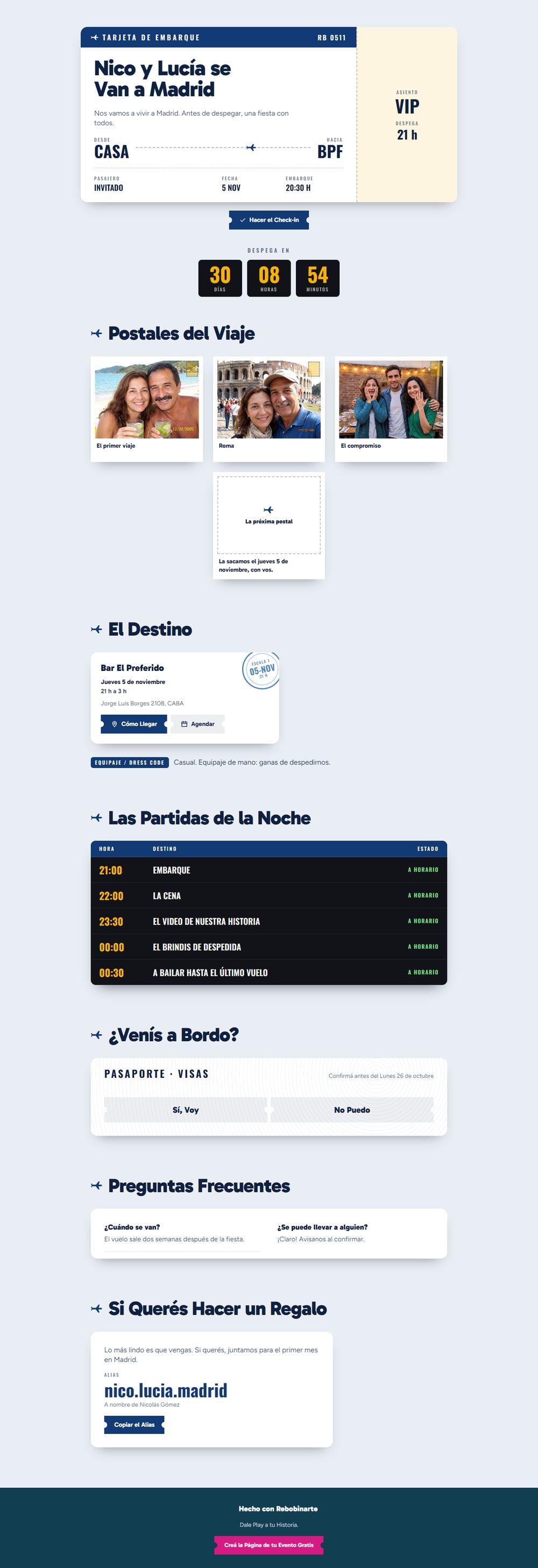 La invitación digital con tarjeta de embarque, vista en una computadora