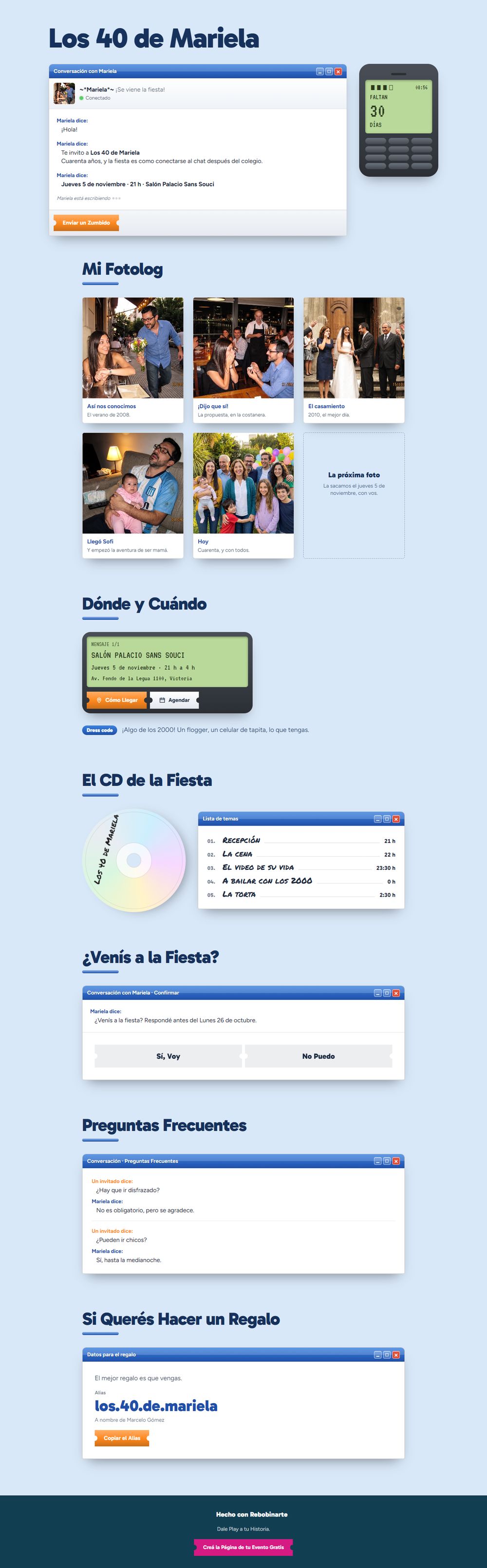 La invitación digital de cumpleaños estilo años 2000, vista en una computadora