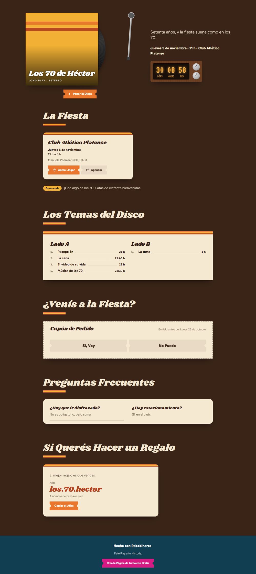 La invitación digital de cumpleaños estilo años 70, vista en una computadora