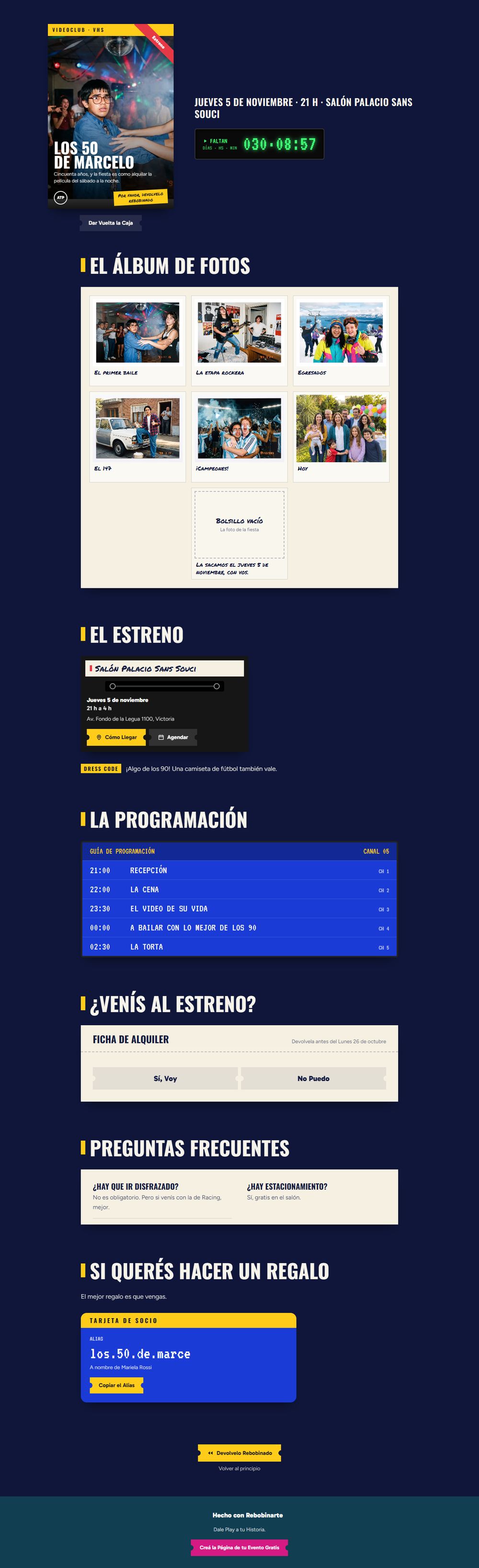 La invitación digital de cumpleaños estilo años 90, vista en una computadora