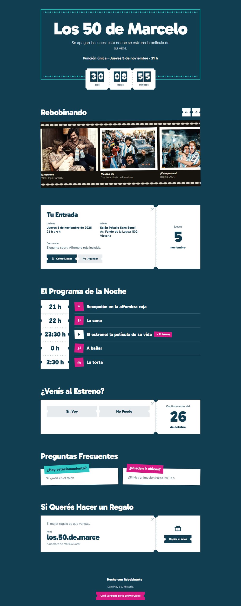 La invitación digital estilo noche de estreno, vista en una computadora